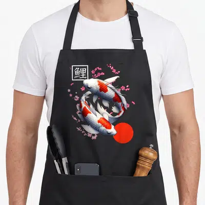 Tablier de cuisine noir avec deux carpes koi rouges et blanches entourées de fleurs de sakura roses et d'un cercle rouge.