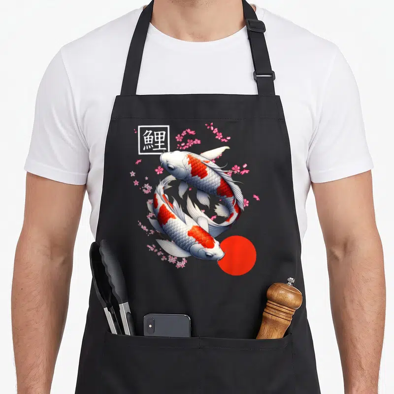 Tablier de cuisine noir avec deux carpes koi rouges et blanches entourées de fleurs de sakura roses et d'un cercle rouge.