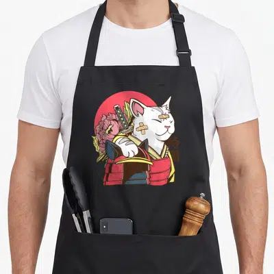 Tablier de cuisine noir avec illustration colorée d'un chat blanc en armure samouraï et bandages.