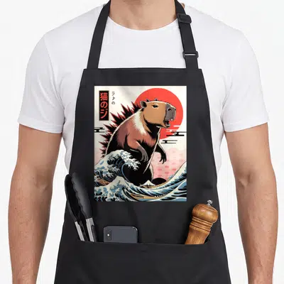 Tablier de cuisine noir avec illustration de Capyzilla sur une grande vague style art japonais ancien.