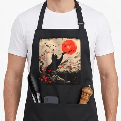 Tablier de cuisine noir avec illustration d'un chat noir tendant la patte vers une grande lune rouge entourée d'oiseaux et de fleurs de sakura.