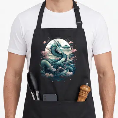 Tablier de cuisine noir avec illustration d'un dragon japonais turquoise, de fleurs de sakura roses et d'une pagode en arrière-plan.