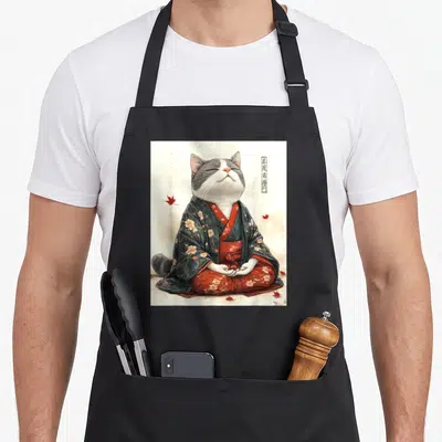 Tablier de cuisine noir avec illustration d'un chat zen portant un kimono floral japonais assis en position de méditation.