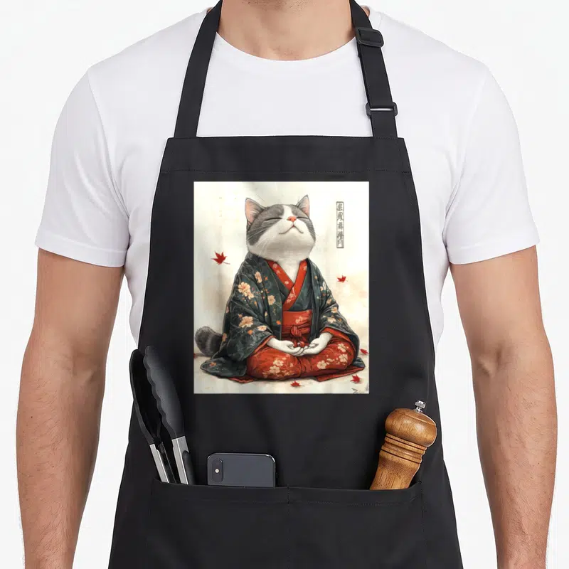 Tablier de cuisine noir avec illustration d'un chat zen portant un kimono floral japonais assis en position de méditation.