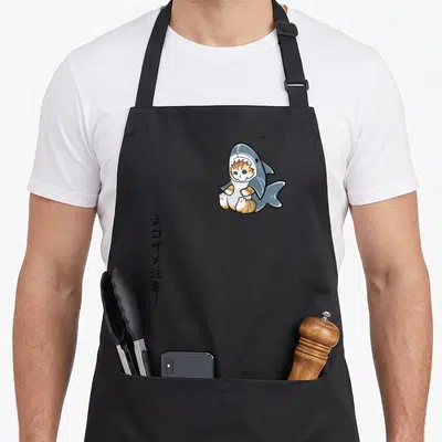 Tablier de cuisine noir avec illustration d'un chatrequin kawaii en costume de requin et texte japonais vertical sur le côté gauche.