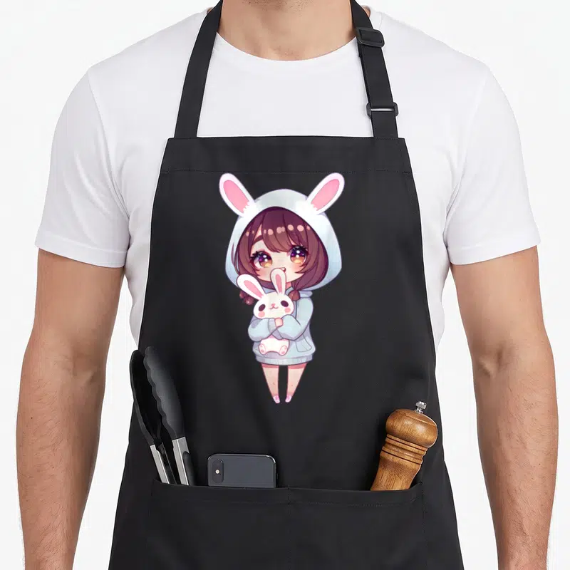 Tablier de cuisine noir avec une fille anime au « hoodie » lapin blanc tenant un petit lapin kawaii aux grands yeux brillants.