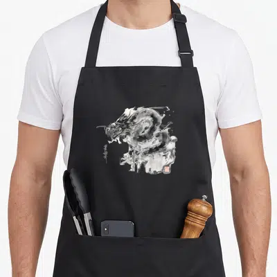Tablier de cuisine noir avec illustration dragon japonais en style encre de Chine et calligraphie verticale.