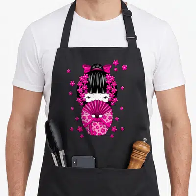 Tablier de cuisine noir avec une poupée Kokeshi Kawaii entourée de fleurs de cerisier roses vives.