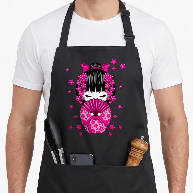 Tablier de cuisine noir avec une poupée Kokeshi Kawaii entourée de fleurs de cerisier roses vives.