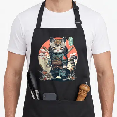 Tablier de cuisine noir avec illustration d'un chat samouraï japonais en armure bleue et sabres croisés devant un soleil rouge.