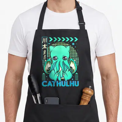 Tablier de cuisine noir avec un Cthulhu chat turquoise kawaii, tentacules, pattes et inscription CATHULHU en bleu.