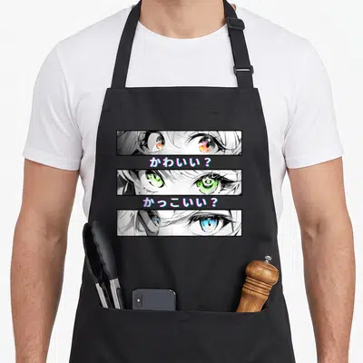 Tablier de cuisine noir avec trois bandes d'yeux anime et du texte japonais coloré.