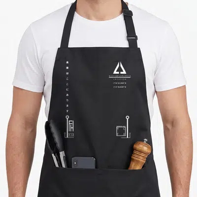 Tablier de cuisine noir avec graphismes blancs style techwear, coordonnées et symboles géométriques futuristes.