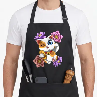 Tablier de cuisine noir avec un Maneki Neko kawaii aux yeux bleus, entouré de fleurs violettes et roses et tenant une pièce d'or.