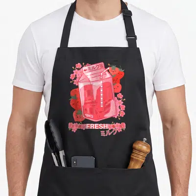 Tablier de cuisine noir avec illustration rose d'un carton de lait fraise, de fleurs et de strawberries souriants.