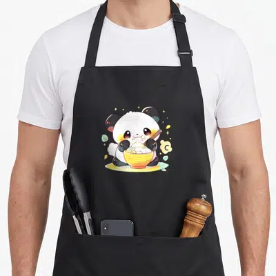 Tablier de cuisine noir avec illustration d'un panda mangeant des nouilles dans un bol jaune avec des baguettes.