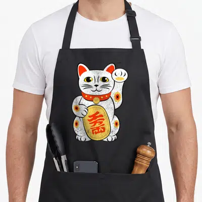 Tablier de cuisine noir avec un chat maneki-neko blanc levant la patte et tenant une pièce dorée aux caractères rouges.