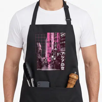 Tablier de cuisine noir avec illustration rose et noire d'une rue japonaise animée par des panneaux lumineux et du texte en caractères asiatiques.