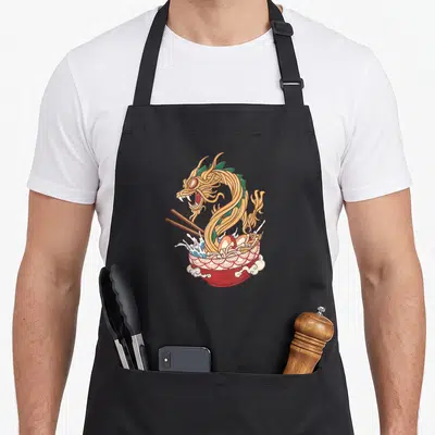 Tablier de cuisine noir avec illustration d'un dragon sortant d'un bol de ramen aux nouilles et baguettes.