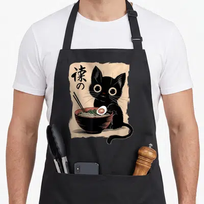 Tablier de cuisine noir avec illustration d'un chat noirtenant un bol de ramen et un œuf dur au centre du motif.