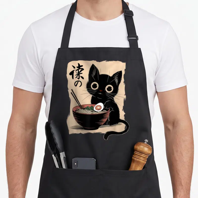 Tablier de cuisine noir avec illustration d'un chat noirtenant un bol de ramen et un œuf dur au centre du motif.
