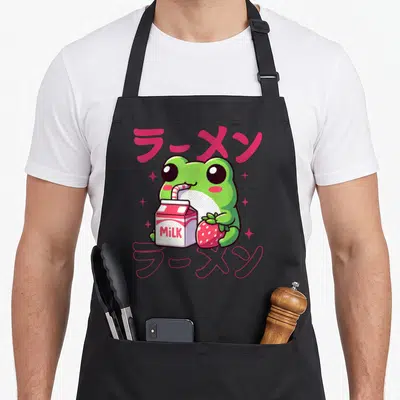 Tablier de cuisine noir avec une grenouille vertetenant un carton de lait et une fraise rose