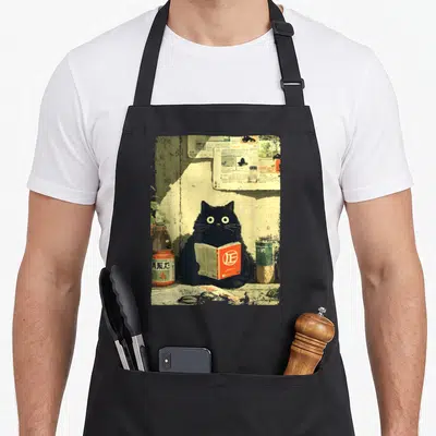Tablier de cuisine noir avec illustration d'un chat noir lisant un livre rouge devant des journaux et bouteilles japonaises.