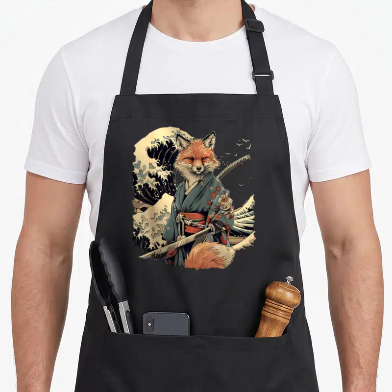 Tablier de cuisine noir avec illustration d'un renard samouraï ninja en kimono tenant une katana devant des vagues.