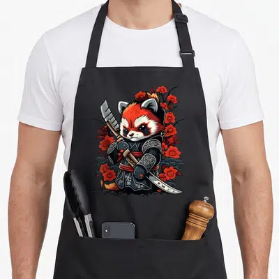 Tablier de cuisine noir avec illustration d'un panda roux samouraïtenant deux katanas entouré de fleurs rouges.