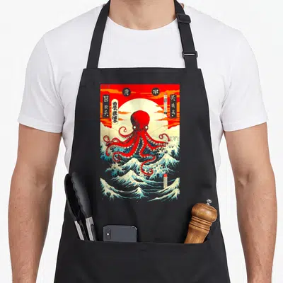 Tablier de cuisine noir avec illustration d'un poulpe rouge sur des vagues japonaises et un soleil en arrière-plan.