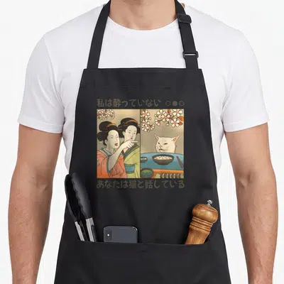 Tablier de cuisine noir avec illustration d'une femme japonaise pointant un chat assis à table.