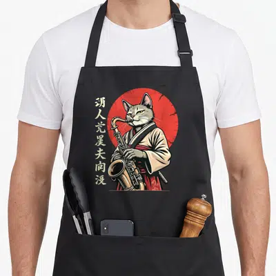 Tablier de cuisine noir avec illustration d'un chat samouraï jouant du saxophone devant un cercle rouge.