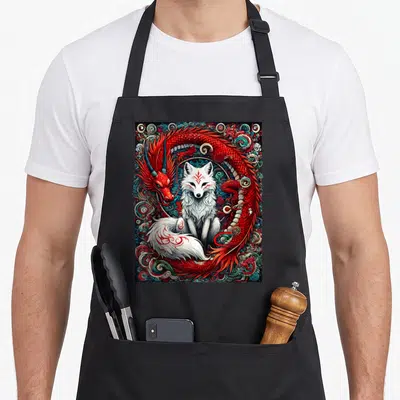 Tablier de cuisine noir avec illustration d'un kitsune blanc et d'un dragon rouge entrelacés sur fond de motifs japonais.