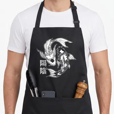 Tablier de cuisine noir avec illustration blanche de deux carpes koi et symboles kanjis japonais.
