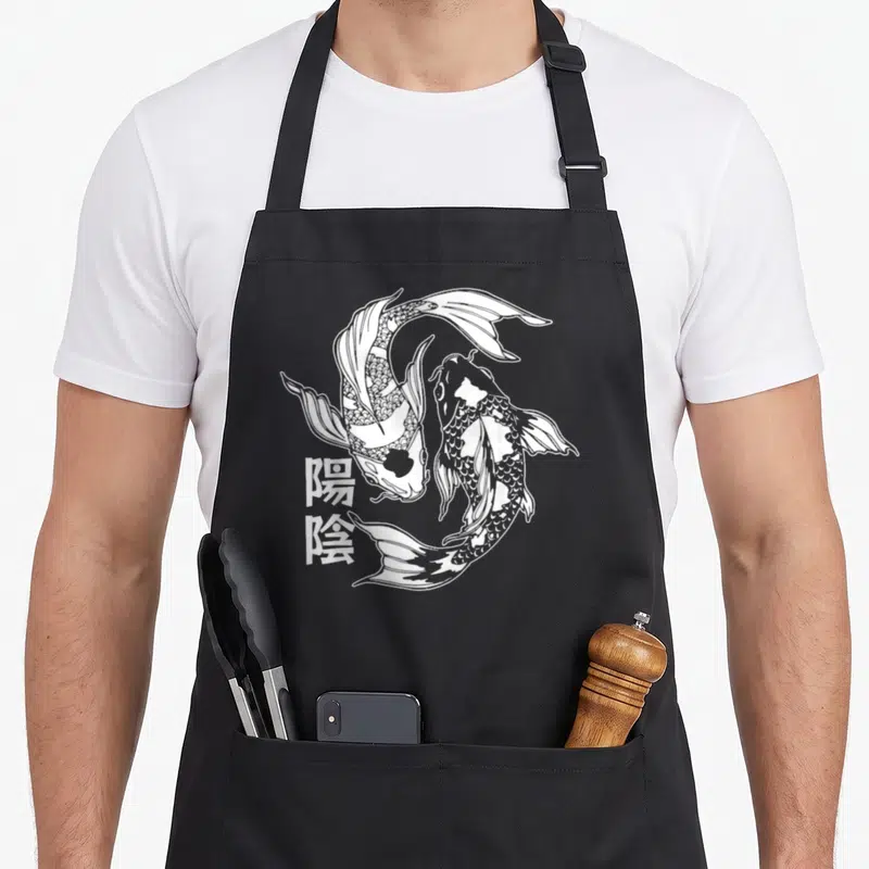 Tablier de cuisine noir avec illustration blanche de deux carpes koi et symboles kanjis japonais.
