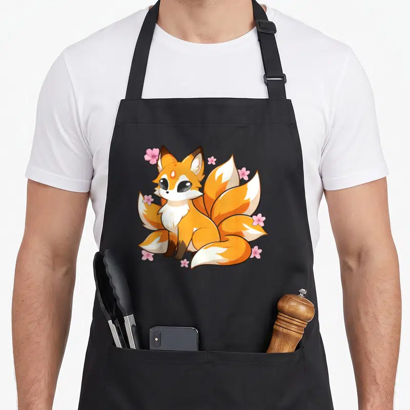 Tablier de cuisine noir avec illustration d'un renard kitsune orange à neuf queues et fleurs de cerisier roses.