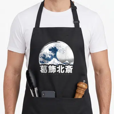 Tablier de cuisine noir avec une grande vague bleue et des caractères japonais blancs imprimés au centre.