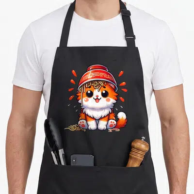 Tablier de cuisine noir avec illustration d'un chat orange portant un bol de ramen sur la tête.