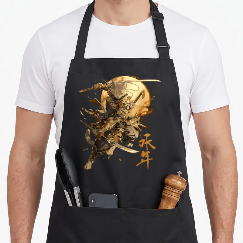 Tablier de cuisine noir avec illustration d'un chat ninja samouraï tenant des katana devant une lune dorée.