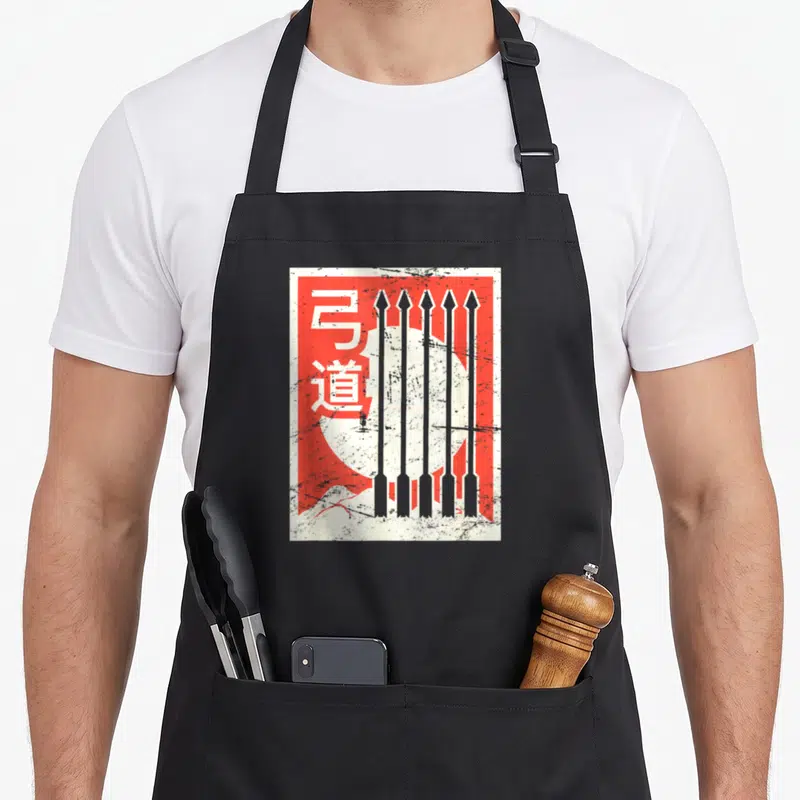 Tablier de cuisine noir avec motif rétro japonais représentant des flèches d'arc et le texte sur fond rouge et blanc.
