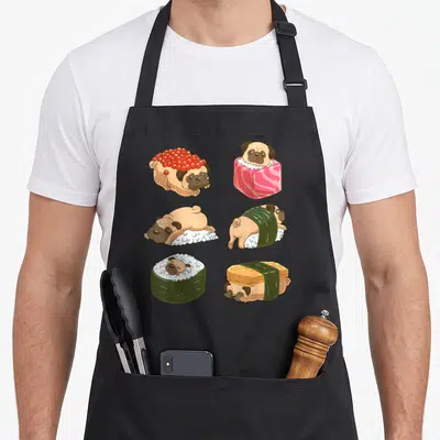 Tablier de cuisine noir avec six carlins stylisés en différents types de sushi japonais colorés et mignons.