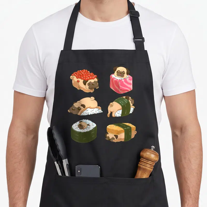 Tablier de cuisine noir avec six carlins stylisés en différents types de sushi japonais colorés et mignons.