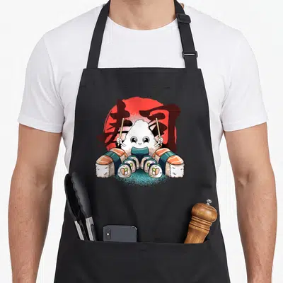 Tablier de cuisine noir avec illustration d'un personnage de riz mignon tenant des baguettes, entouré de makis sur fond de soleil rouge.