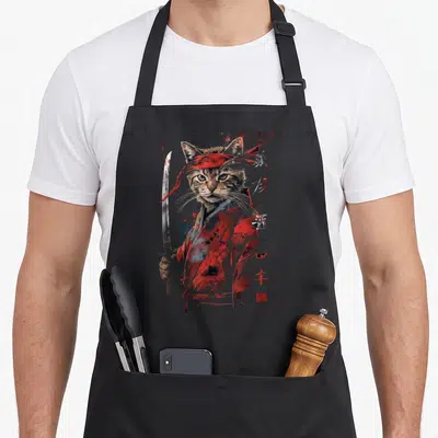 Tablier de cuisine noir avec illustration samouraï chat vintage drôle japonais rouge et noir katana