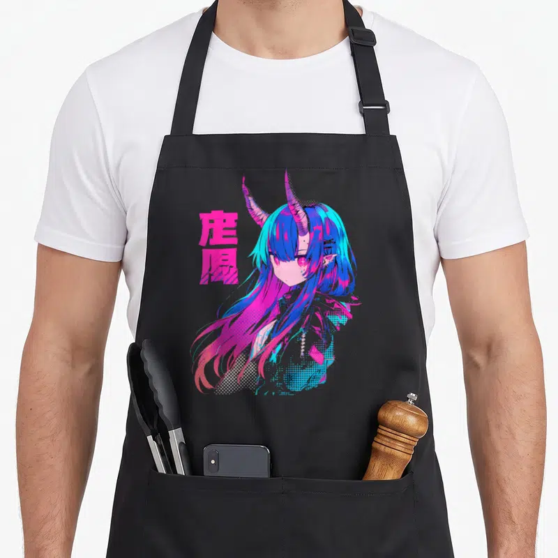 Tablier de cuisine noir avec illustration d'une fille démon aux cheveux bleus et roses et des lettres japonaises en rose vif.
