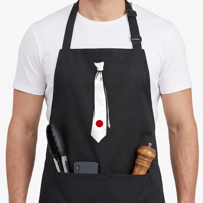 Tablier de cuisine noir avec illustration d'une cravate blanche portant un cercle rouge central en forme de drapeau japonais.