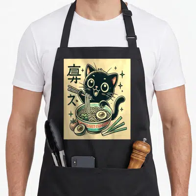 Tablier de cuisine noir avec illustration d'un chat noir mangeant du ramen avec des baguettes et des idéogrammes japonais.
