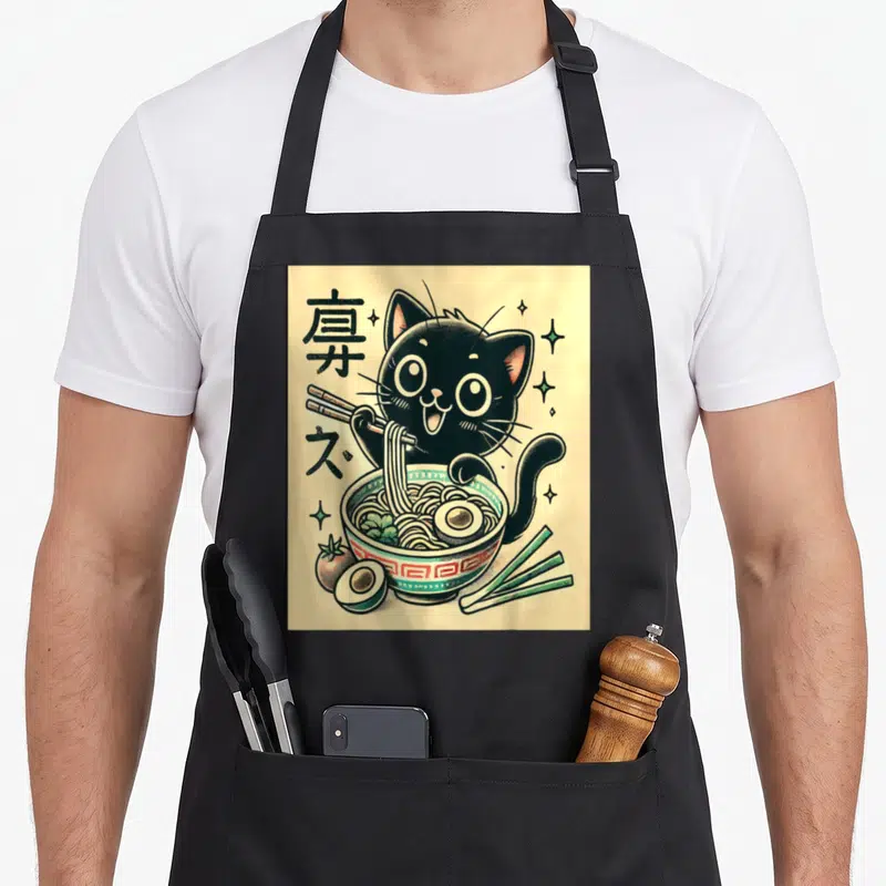 Tablier de cuisine noir avec illustration d'un chat noir mangeant du ramen avec des baguettes et des idéogrammes japonais.