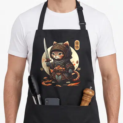 Tablier de cuisine noir avec illustration d'un chat samouraï en armure ornée tenant une épée devant un cercle clair.