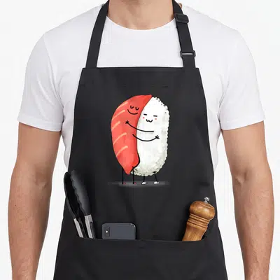 Tablier de cuisine noir avec un sushi rouge et du riz blanc s'enlaçant affectueusement.